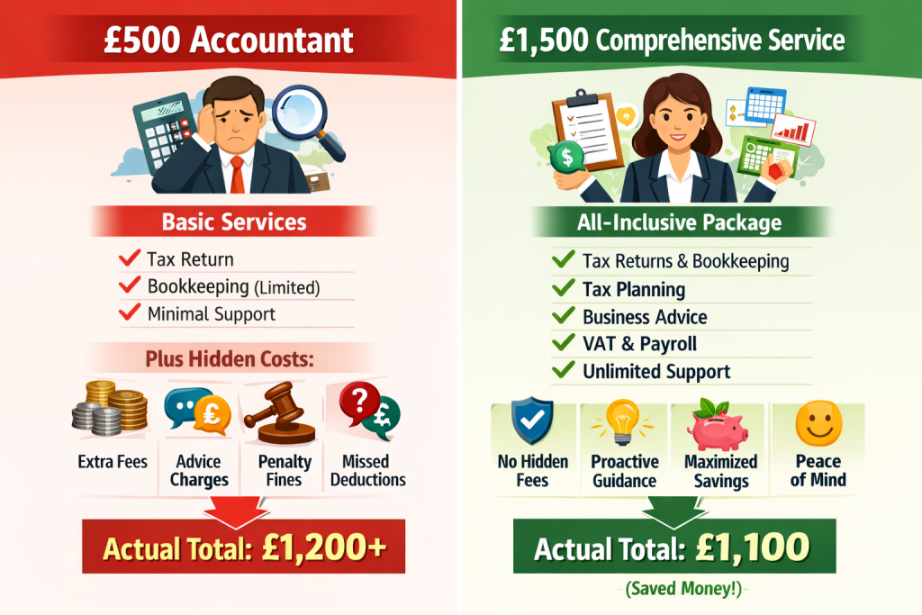 Cost comparison infographic showing hidden fees of budget accounting services versus comprehensive packages