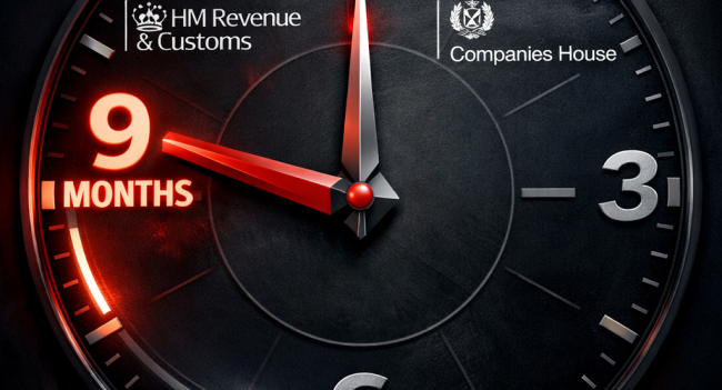 UK corporate tax return deadlines clock showing 9-month payment deadline and 12-month filing deadline for limited companies
