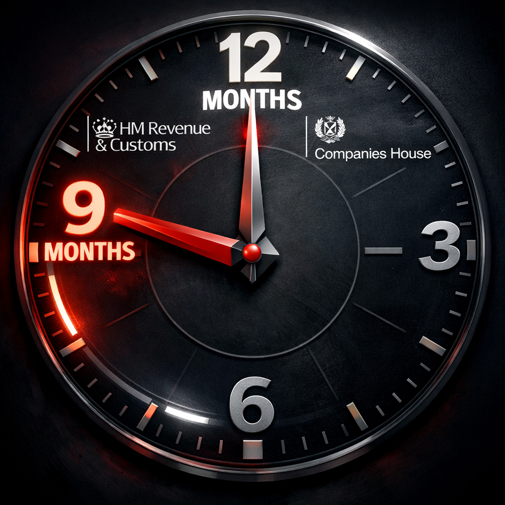 UK corporate tax return deadlines clock showing 9-month payment deadline and 12-month filing deadline for limited companies