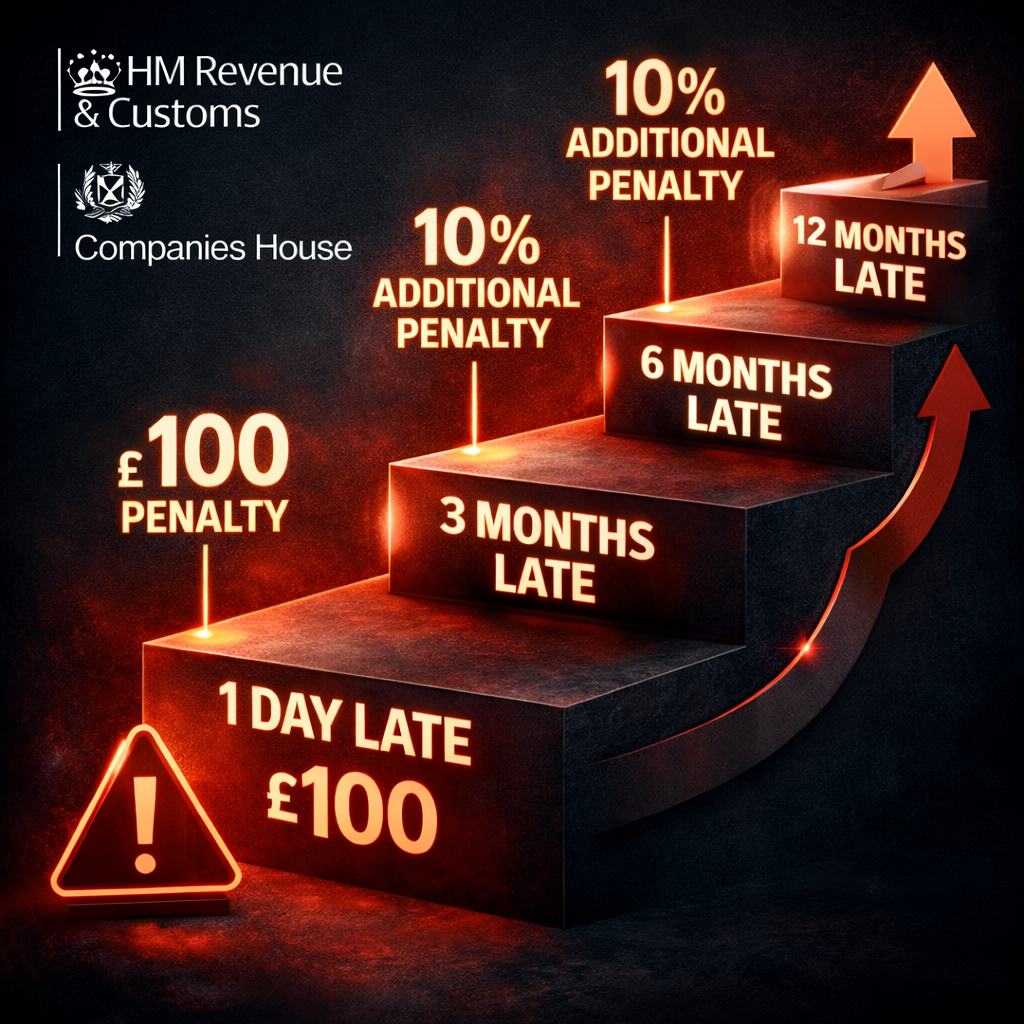 HMRC late filing penalties for corporation tax CT600 returns showing escalating costs from £100 to percentage-based charges
