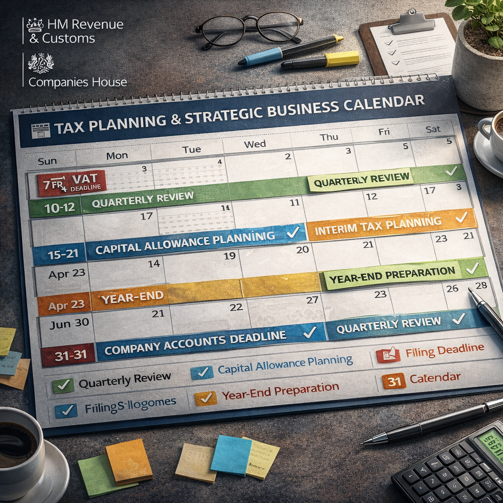 Strategic business tax planning calendar showing corporation tax deadlines and tax planning opportunities throughout the financial year