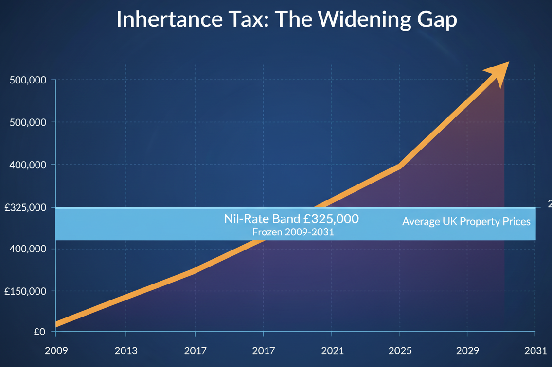 An infographic displaying the £325,000 nil-rate band frozen from 2009 to 2031, overlaid with a rising property price graph showing the widening gap. Use contrasting colours—one flat line (the threshold) and one steep upward line (property values).