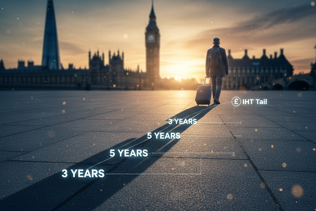 Diagram showing inheritance tax England tail periods ranging from 3 to 10 years after leaving UK based on prior residence history
