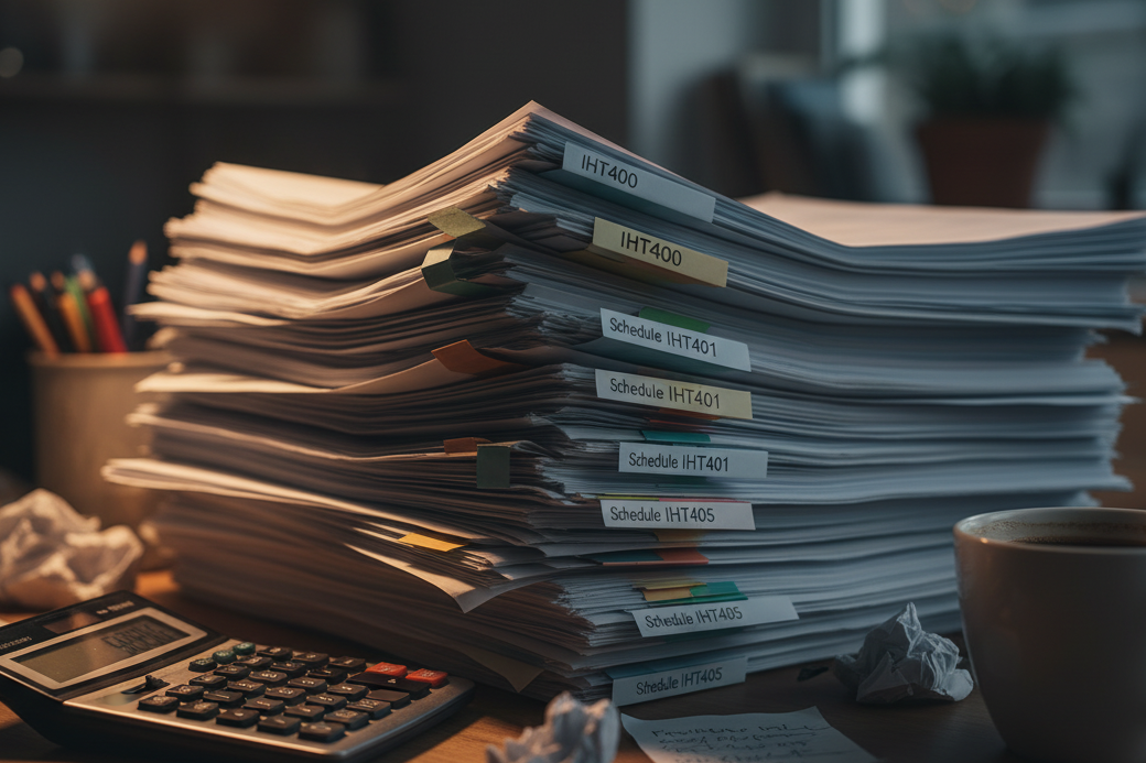 Stack of UK inheritance tax forms showing complexity of IHT400 probate paperwork