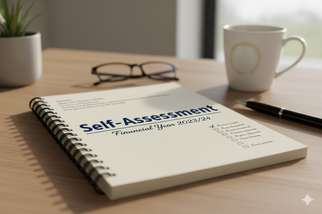 Notebook titled Self-Assessment Financial Year 2023/24 on a desk with glasses, coffee mug, and pen, representing UK self-employed tax preparation.