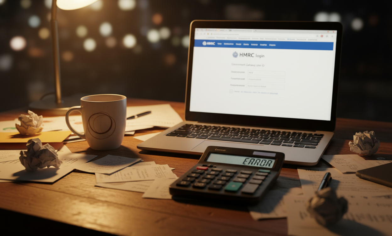 Messy desk with receipts and calculator showing common self-employed tax chaos before hiring accountant
