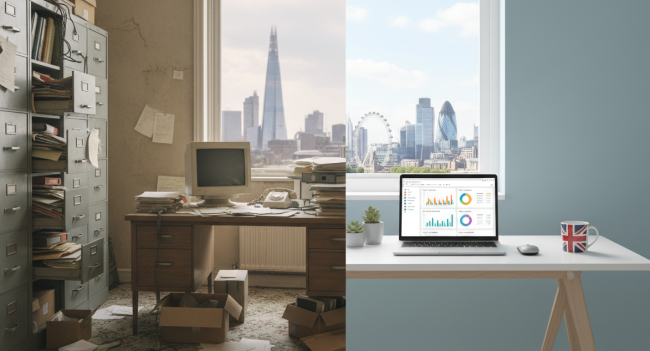 Comparison of traditional paper-based accounting system with filing cabinets versus modern cloud accounting software on laptop showing real-time financial dashboards for UK businesses