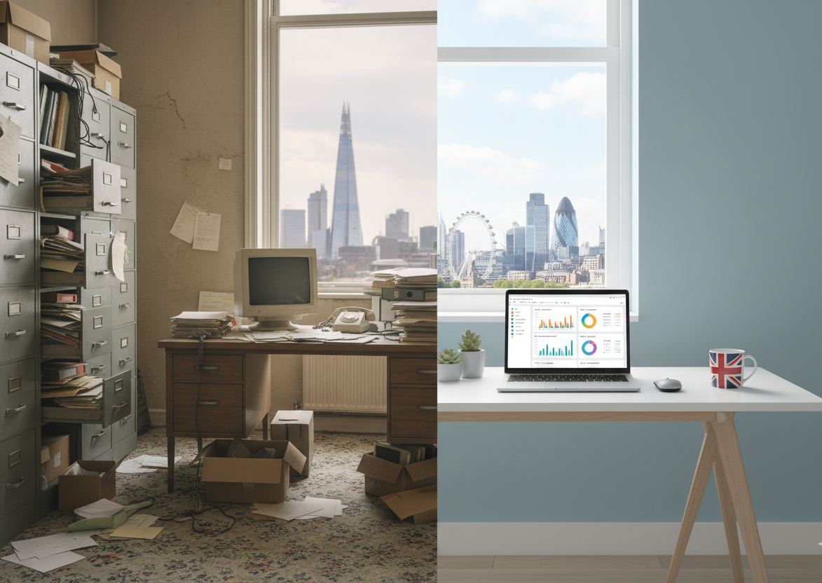 Comparison of traditional paper-based accounting system with filing cabinets versus modern cloud accounting software on laptop showing real-time financial dashboards for UK businesses