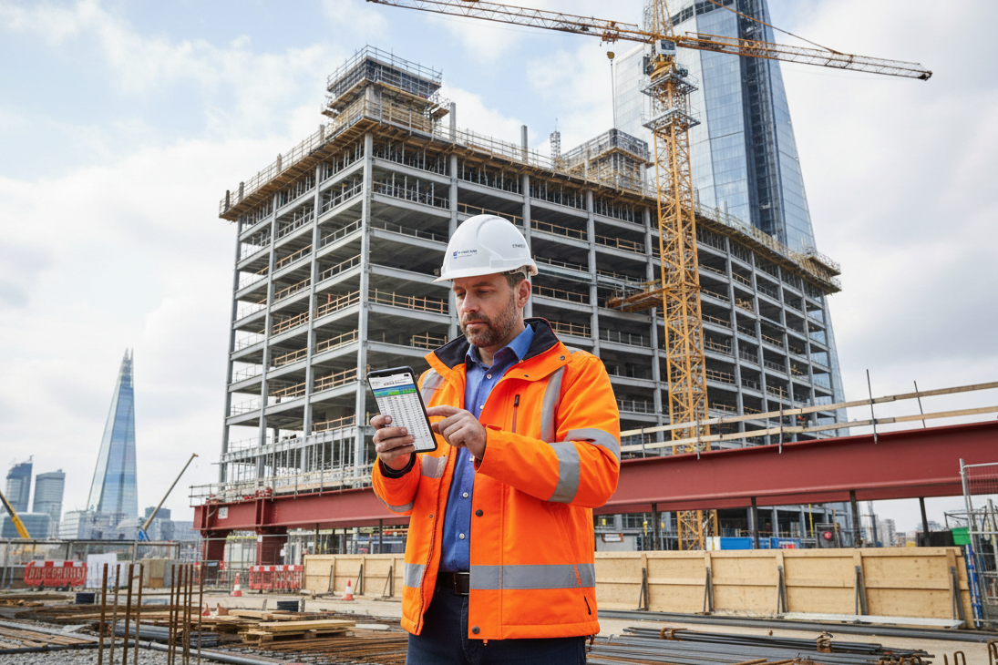 Property developer using cloud accounting mobile app on smartphone to check real-time financial data from construction site in London