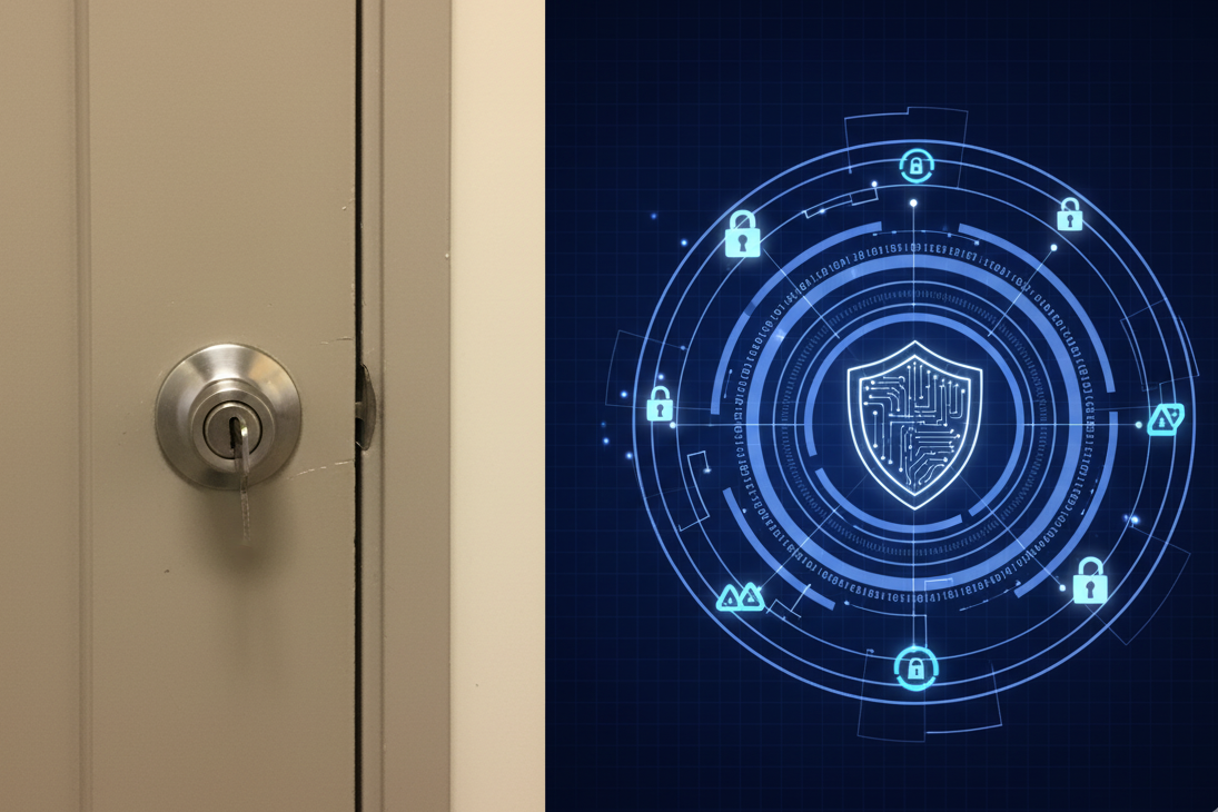 Visual comparison of basic office physical security versus multi-layered cloud accounting data security including encryption and GDPR compliance for UK businesses