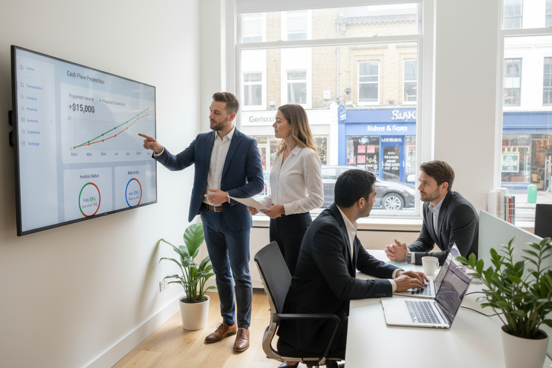 Ask Accountant team collaborating using cloud-based accounting software in modern London office providing bookkeeping and tax advisory services to small businesses