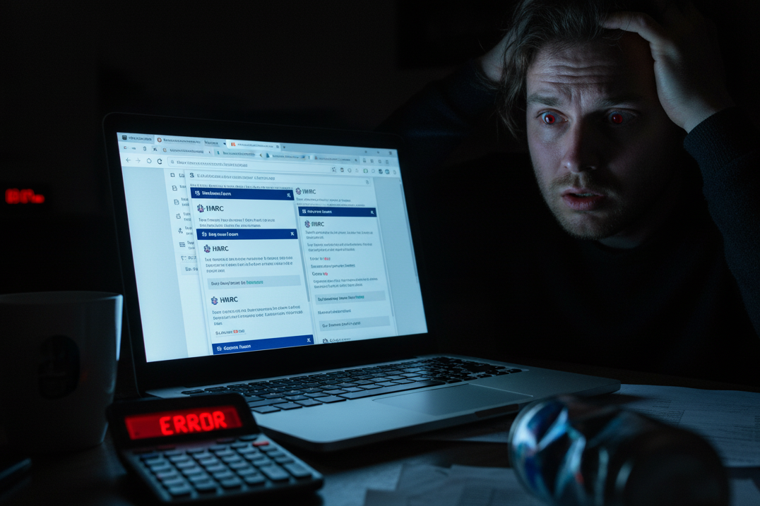 Person overwhelmed by tax errors on a laptop screen, symbolising why tax advisors are essential for complex filings.