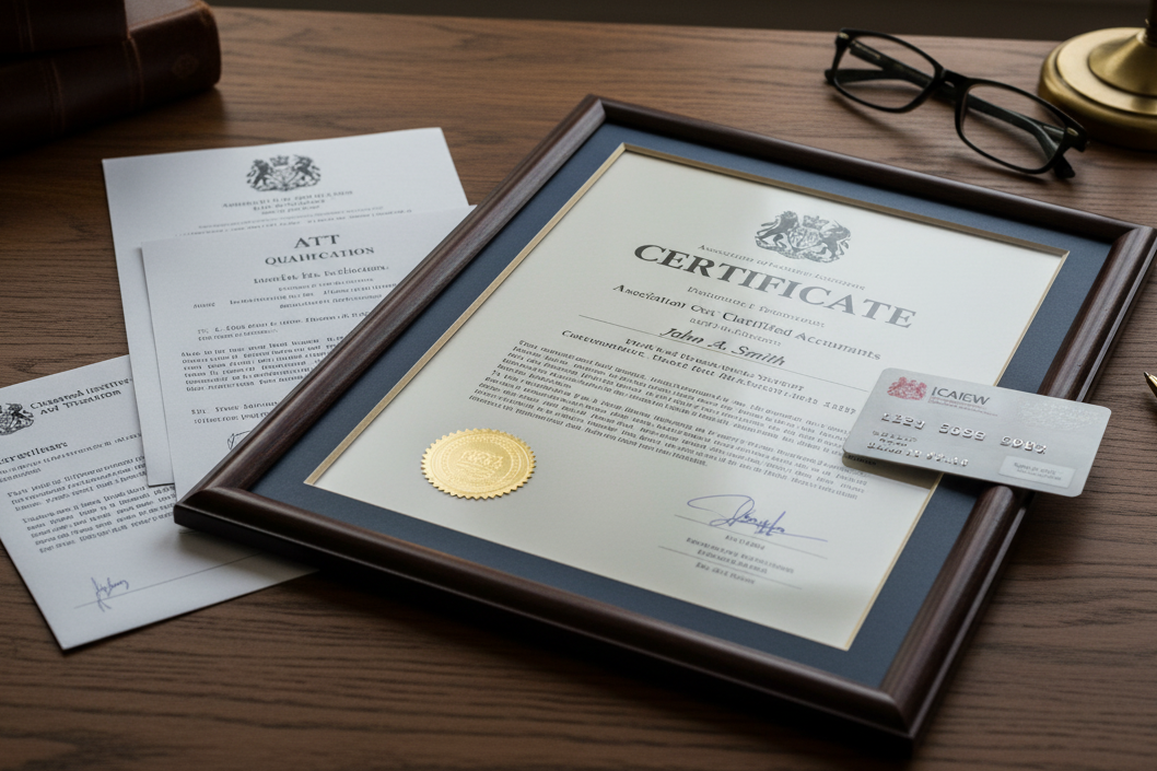 Professional tax advisors’ qualifications and certifications displayed on a desk, highlighting trusted and accredited tax expertise.