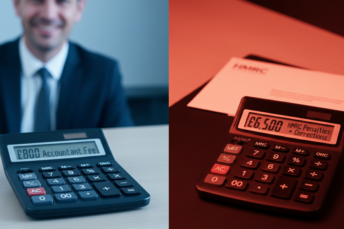 Comparison showing accountant fee versus costly HMRC penalties, emphasising why taxpayers should rely on expert tax advisors.