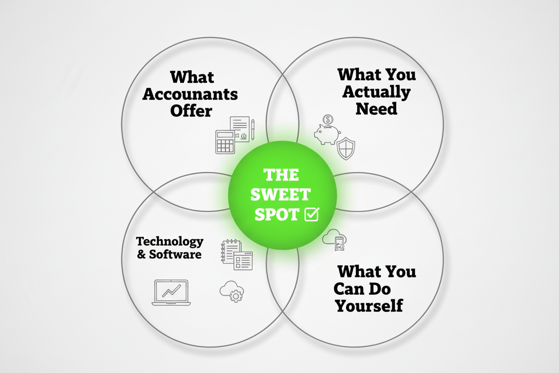  Venn diagram showing overlap between "What Accountants Offer", "What You Actually Need", and "What You Can Do Yourself", with the sweet spot highlighted in the center