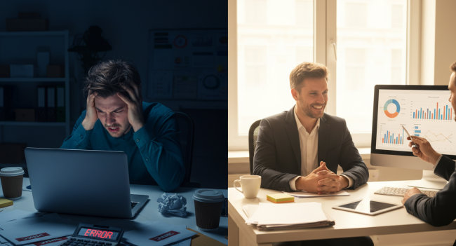 Split-screen image showing left side: person stressed at laptop with HMRC letters scattered, calculator showing "ERROR", multiple coffee cups; right side: same person relaxed, meeting confidently with tax advisors, organised files, clear charts on screen. Natural lighting contrast from harsh blue computer glow to warm office lighting.