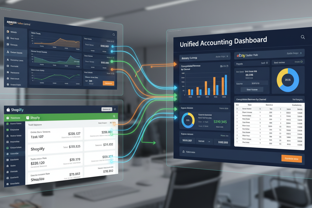 Multiple ecommerce platform dashboards showing sales data consolidation into accounting software for UK online sellers
