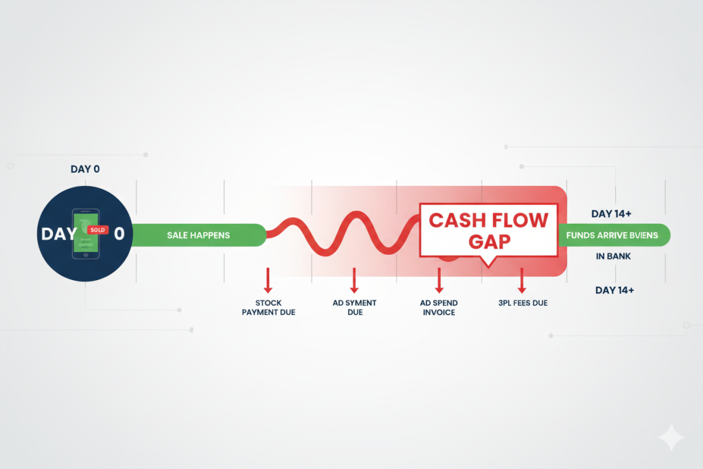 Ecommerce cash flow timeline diagram illustrating payment delays between sales and settlement for UK online businesses