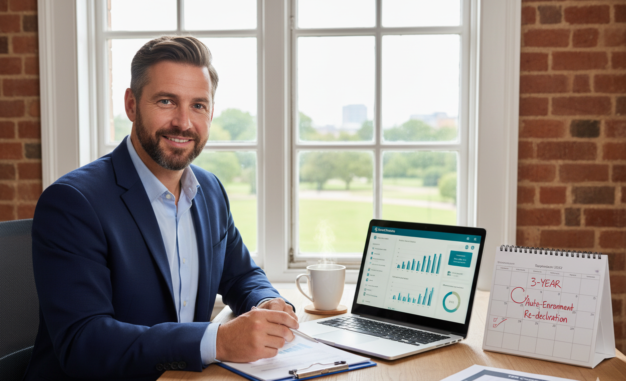 UK business owner managing auto enrolment smart pension workplace compliance with digital dashboard and regulatory checklist for employee pensions