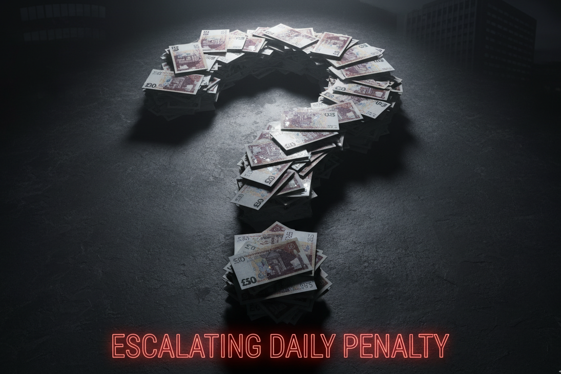 Auto enrolment penalty costs visualised with £10,000 question mark representing daily escalating fines for large UK employers breaching workplace pension compliance