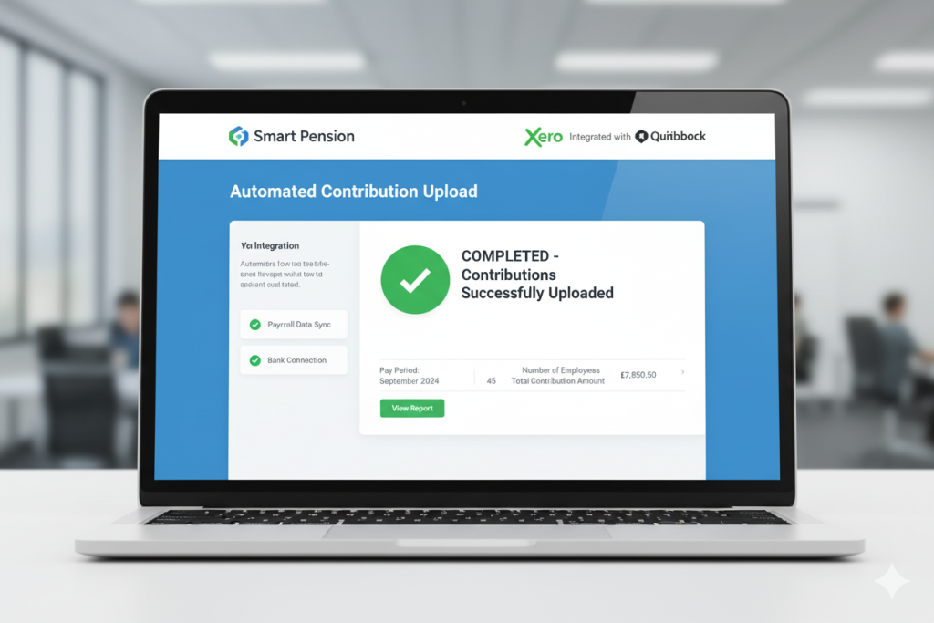 Smart Pension auto enrolment payroll software integration dashboard showing successful automated pension contribution processing for UK workplace pensions