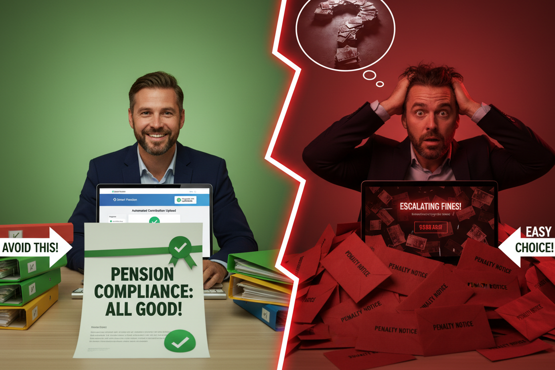 Auto enrolment smart pension compliance comparison showing organised pension management versus regulatory penalties and business stress from non-compliance