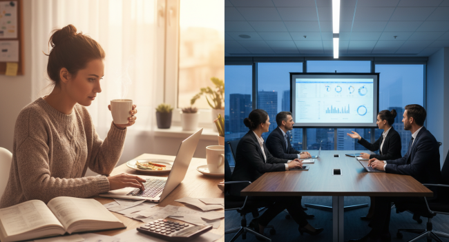 Small business owner managing accounts at desk compared to corporate accounting team in boardroom