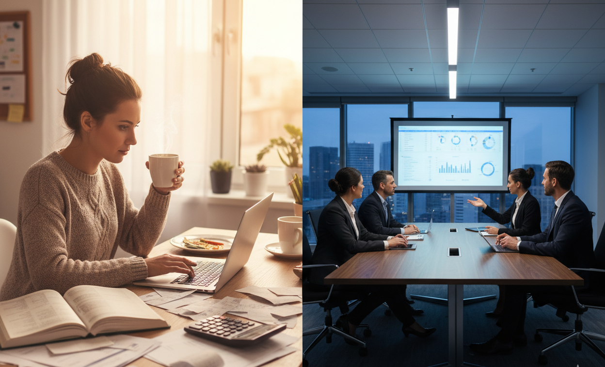 Small business owner managing accounts at desk compared to corporate accounting team in boardroom