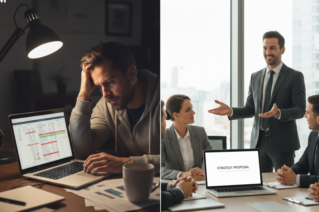 Small business owner reviewing cash flow projections early morning with concerned expression