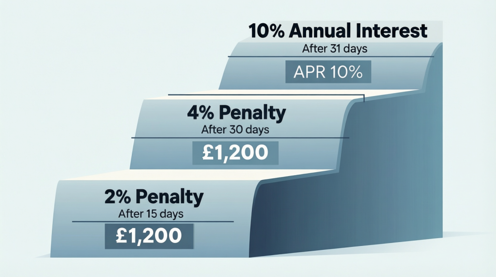 Escalating staircase showing HMRC late VAT payment penalties increasing from two percent at 15 days to four percent at 30 days plus interest after 31 days