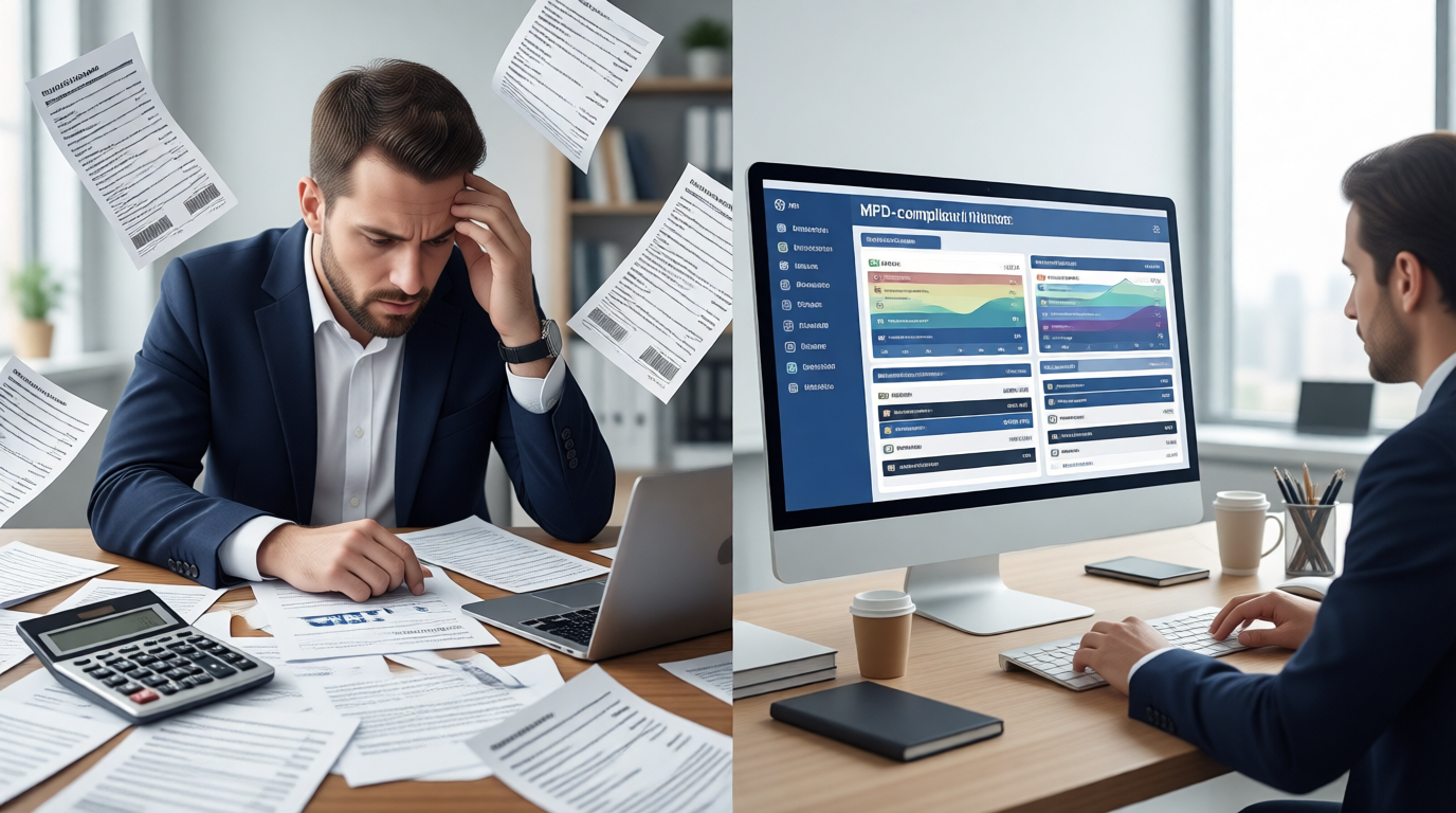 Comparison of six years of physical VAT records in filing boxes versus organized digital cloud-based bookkeeping system showing HMRC record retention requirements