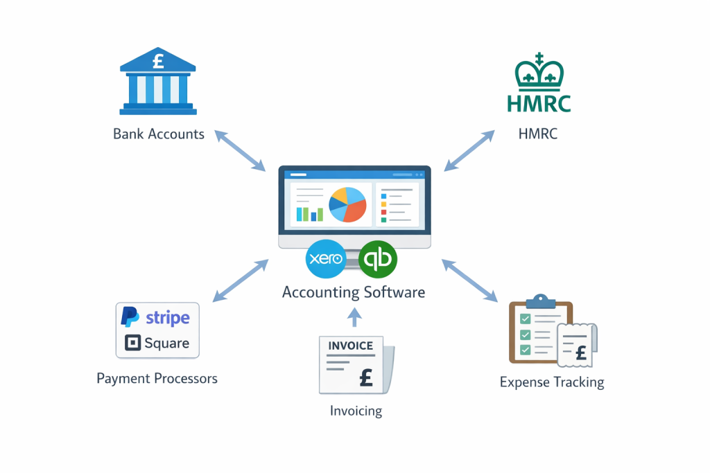 Cloud accounting software integration diagram showing connections between banking, HMRC, and business tools for small business accounting services
