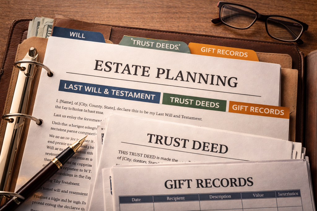 Organised inheritance tax planning documentation including wills and gift records for UK estate planning
