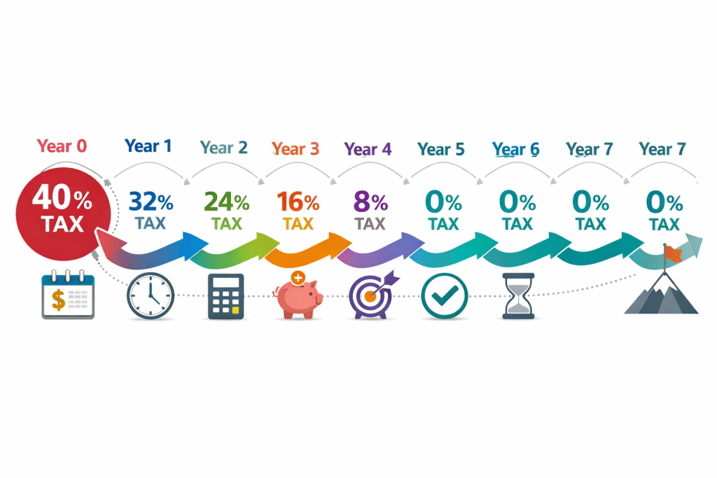 UK inheritance tax seven-year rule taper relief timeline showing decreasing tax rates from 40% to 0%