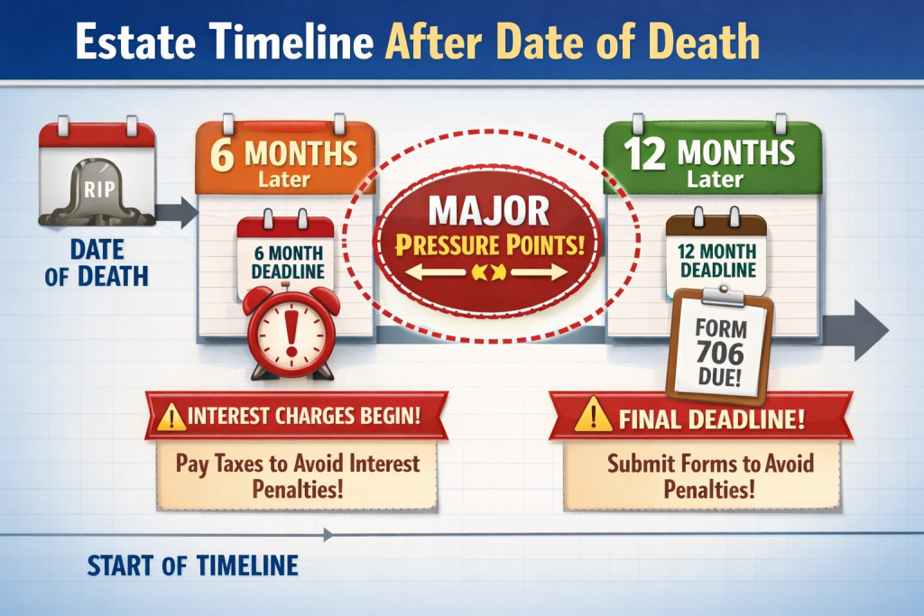 Visual timeline showing IHT400 submission deadlines: 6 months for tax payment, 12 months for form submission from date of death