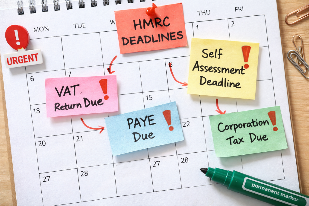 UK tax deadline calendar with important HMRC filing dates highlighted for small business compliance