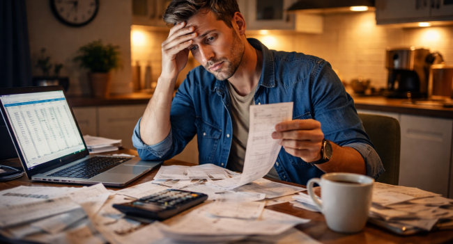 UK small business owner surrounded by tax documents and receipts struggling with accounting before hiring professional small business accounting services