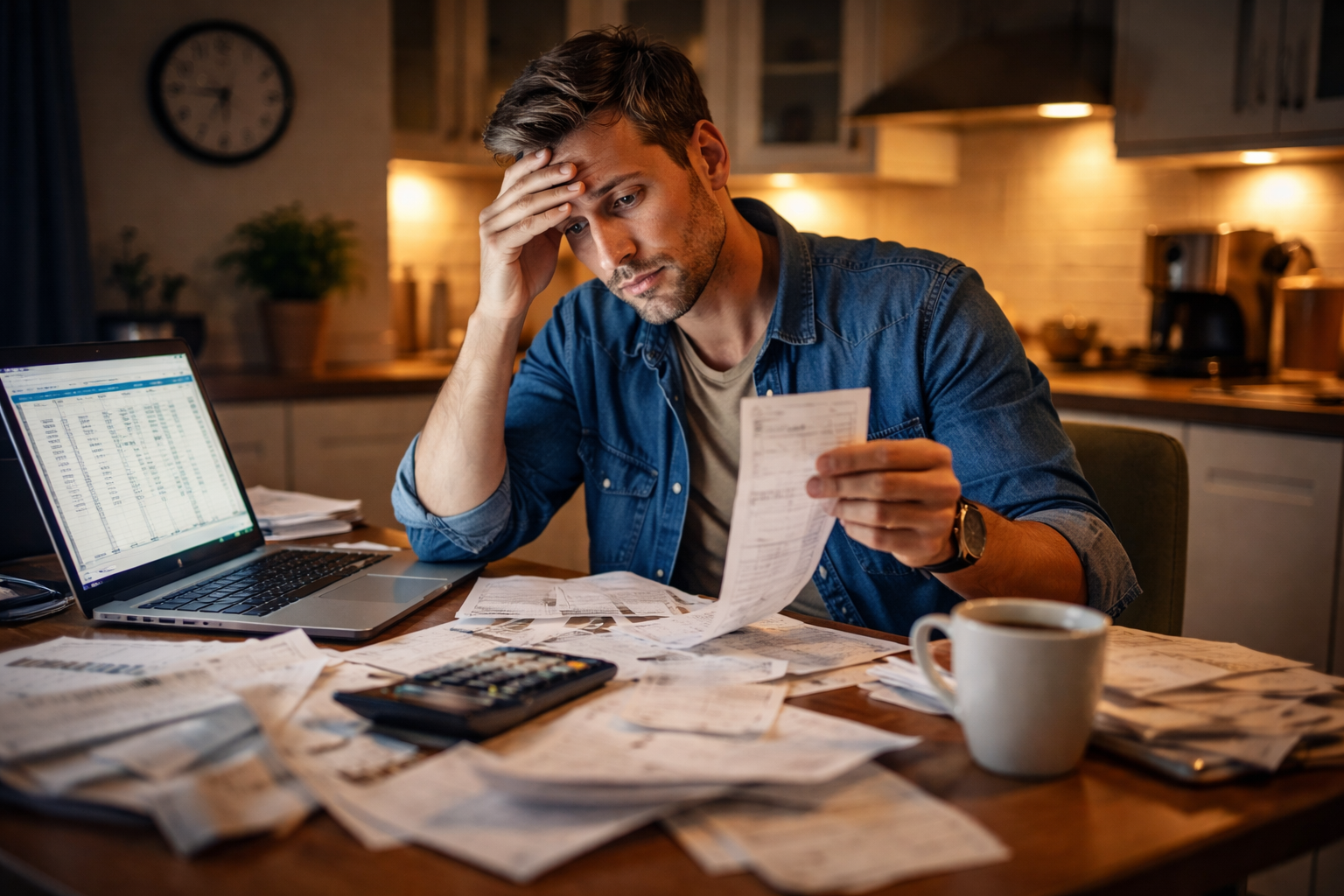 UK small business owner surrounded by tax documents and receipts struggling with accounting before hiring professional small business accounting services