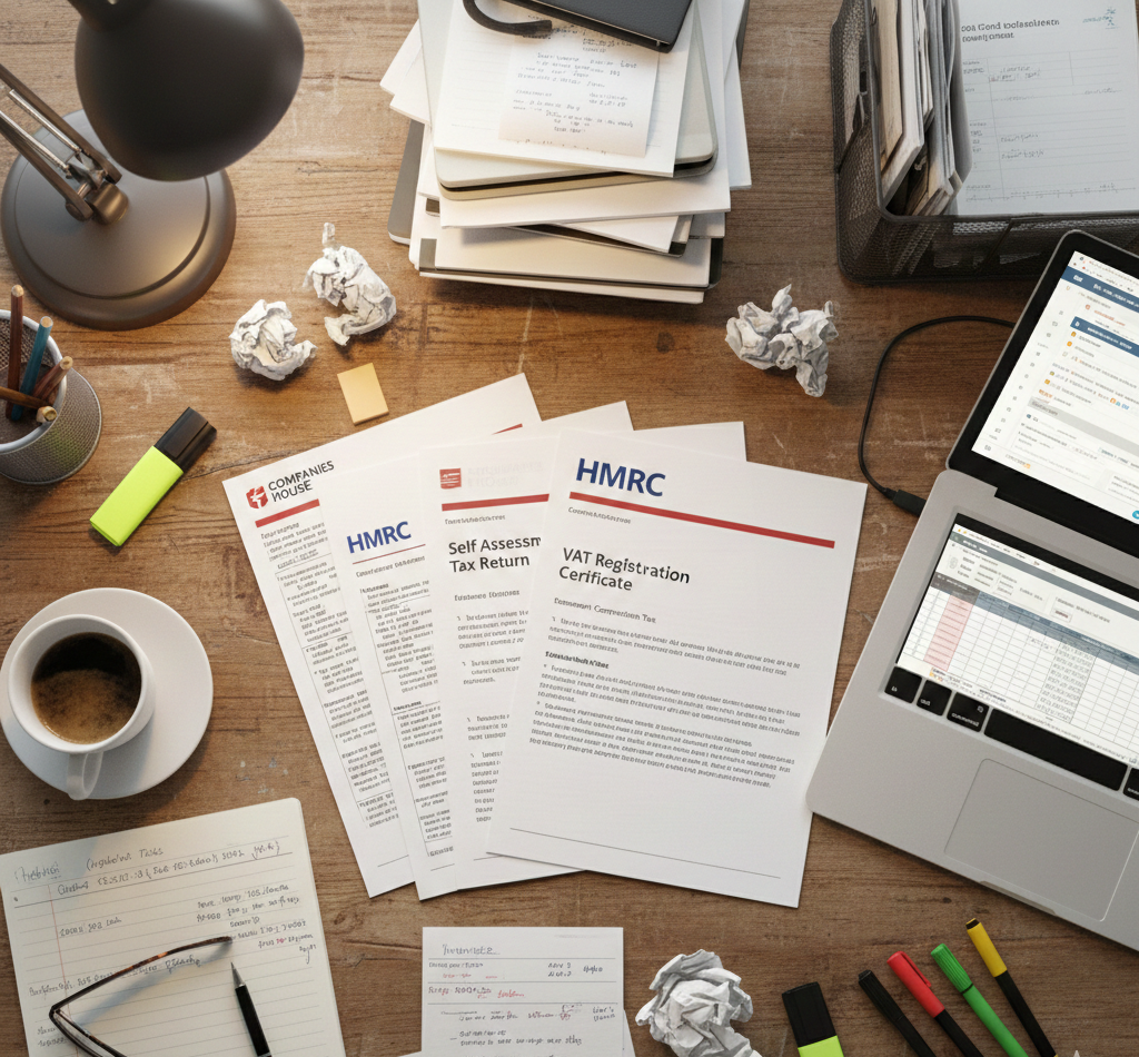 Accounting for small companies with HMRC tax returns, VAT registration certificates, and organised financial paperwork on a business desk.