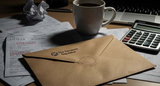 Pensions Regulator enforcement notice envelope on business owner's desk with compliance documents and coffee mug showing auto enrolment penalty stress