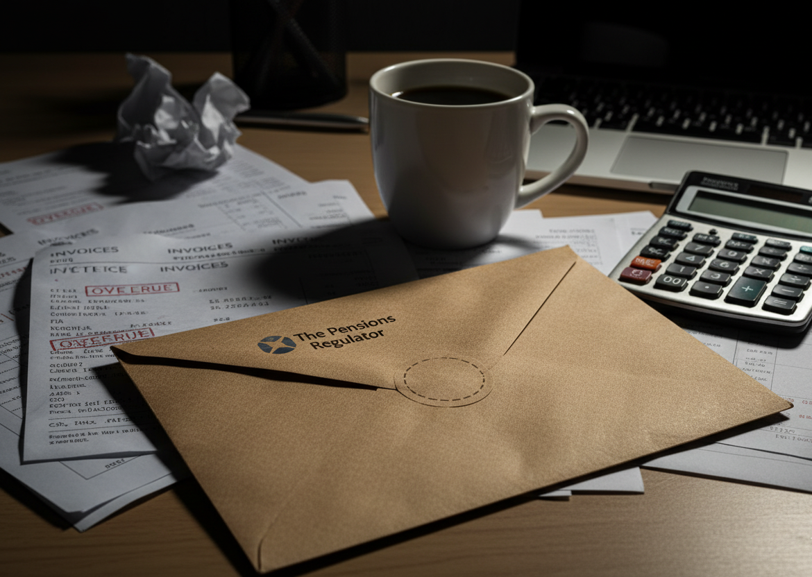 Pensions Regulator enforcement notice envelope on business owner's desk with compliance documents and coffee mug showing auto enrolment penalty stress