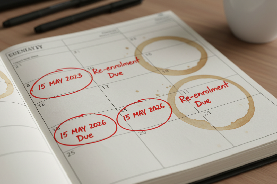 Three-year re-enrolment cycle marked on workplace calendar showing auto enrolment smart pension compliance deadlines for UK employers
