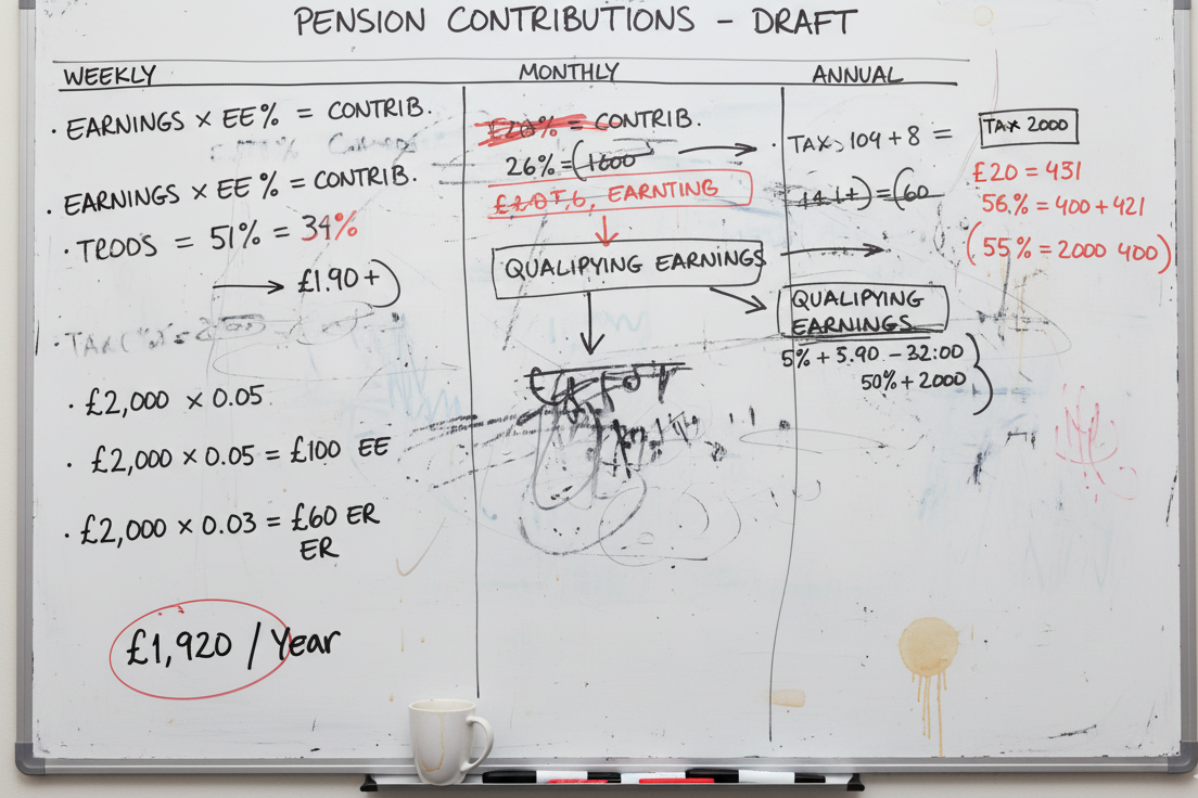 Auto enrolment pension contribution calculations on whiteboard showing qualifying earnings thresholds and employer employee percentages for 2025/26 tax year