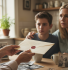 Three generation family discussing inheritance tax gift planning around kitchen table with envelope and house keys