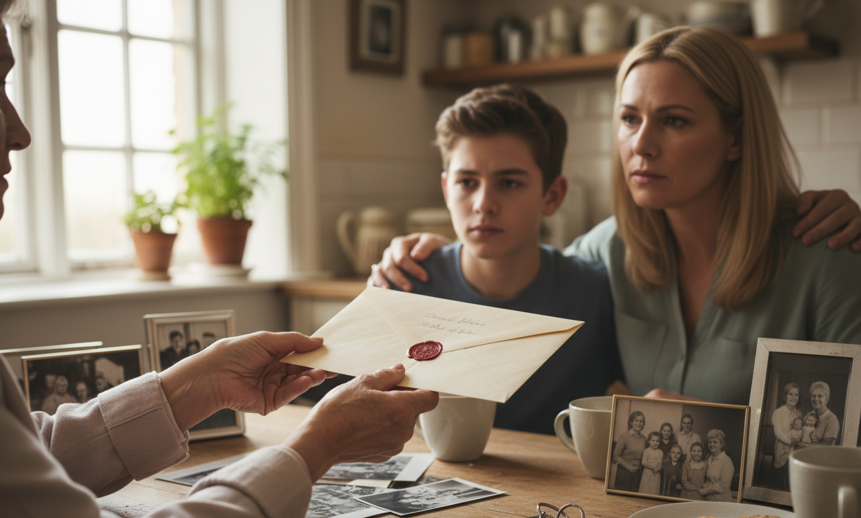 Three generation family discussing inheritance tax gift planning around kitchen table with envelope and house keys