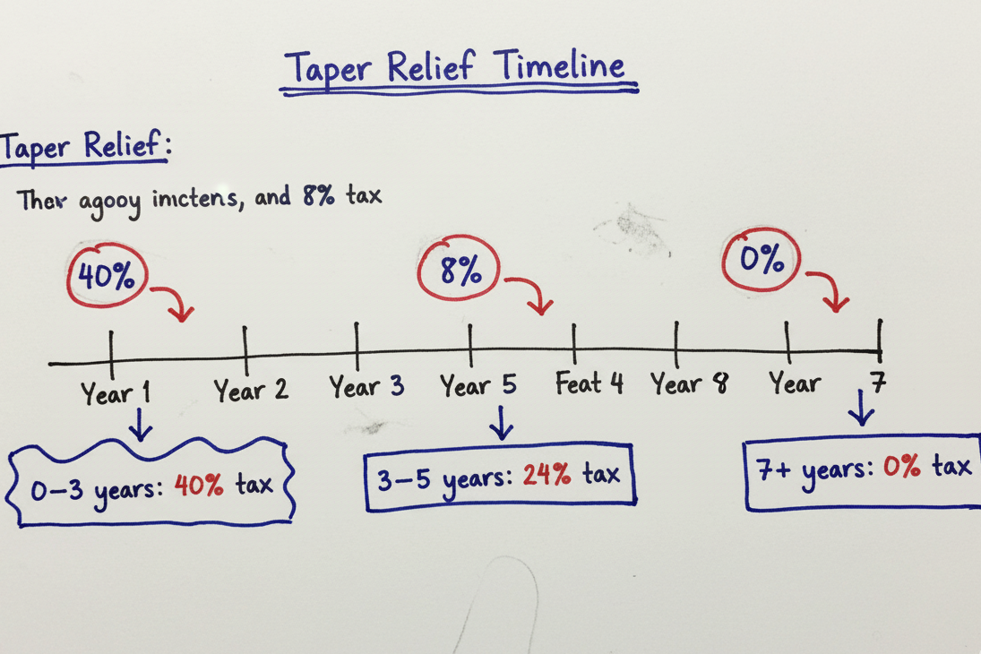 Hand drawn timeline illustrating UK inheritance tax seven year rule with decreasing tax percentages