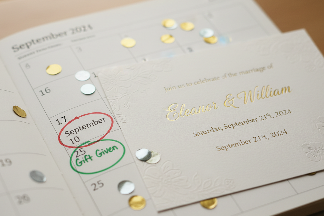 Wedding invitation and calendar highlighting importance of inheritance tax gift timing before wedding ceremony