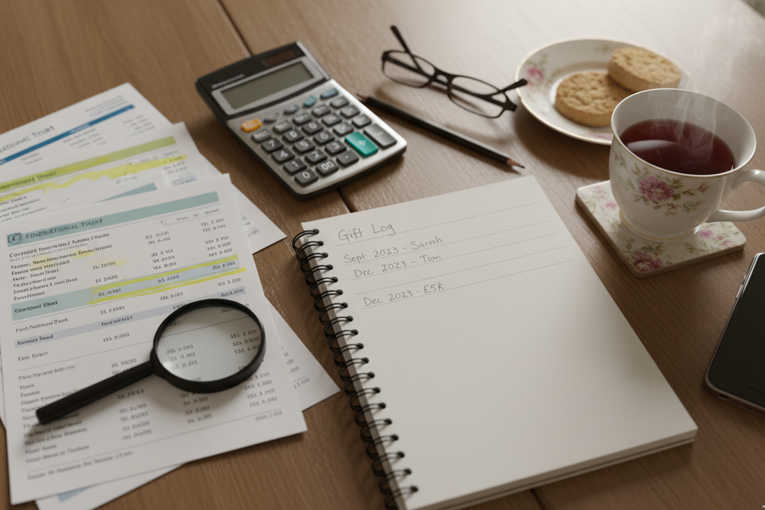 Organised inheritance tax gift records including handwritten log bank statements and documentation for estate planning