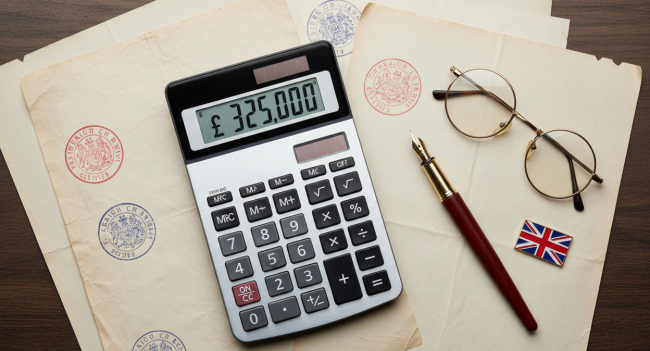 UK inheritance tax calculator showing nil-rate band threshold with estate planning documents and British flag