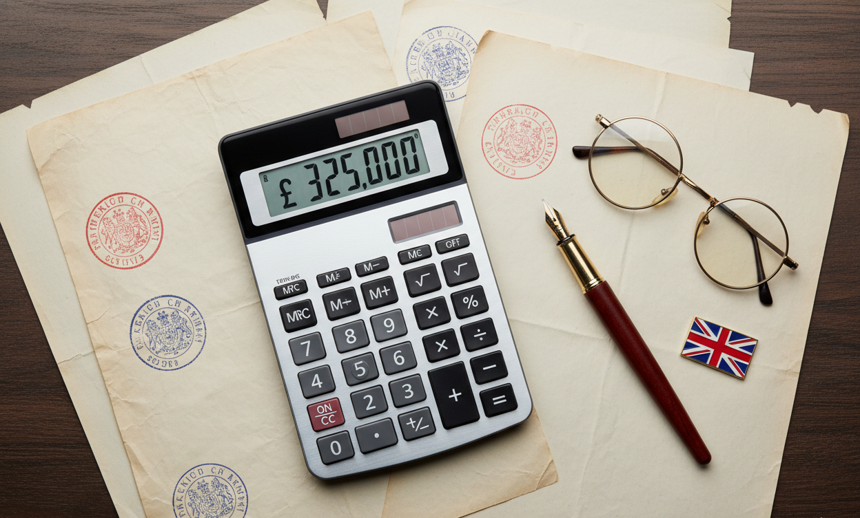 UK inheritance tax calculator showing nil-rate band threshold with estate planning documents and British flag